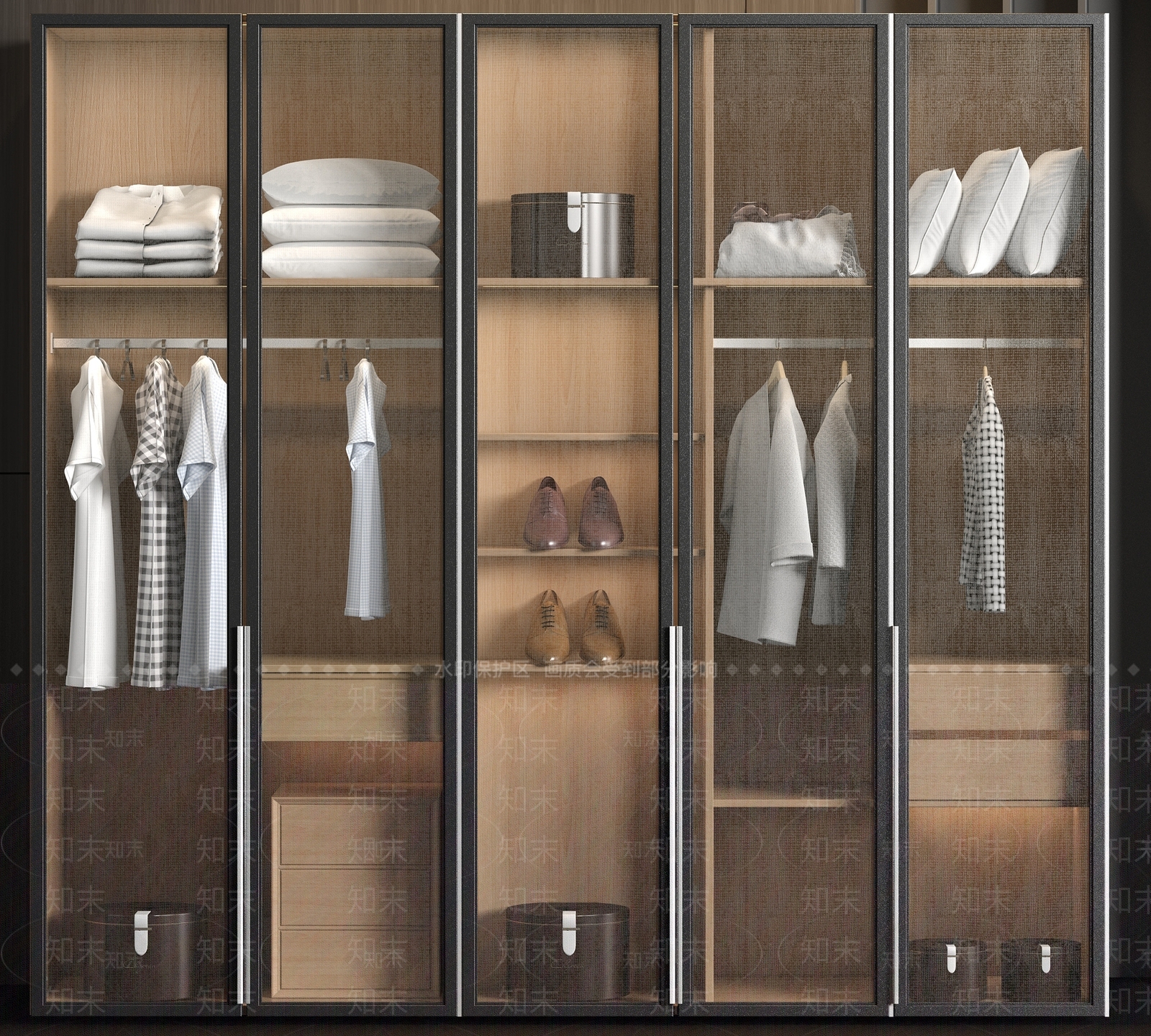 现代实木衣帽间玻璃衣柜衣服饰品组合3D模型下载【ID:940765910】