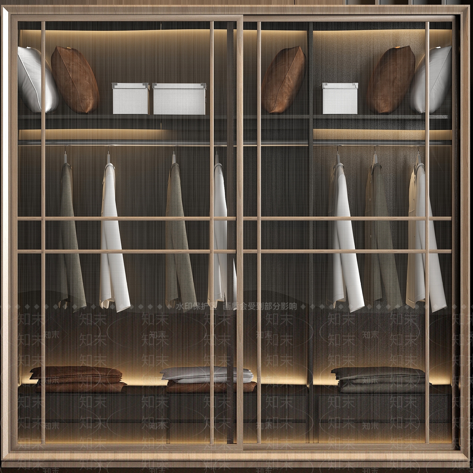 现代实木衣帽间玻璃衣柜衣服饰品组合3D模型下载【ID:940765935】