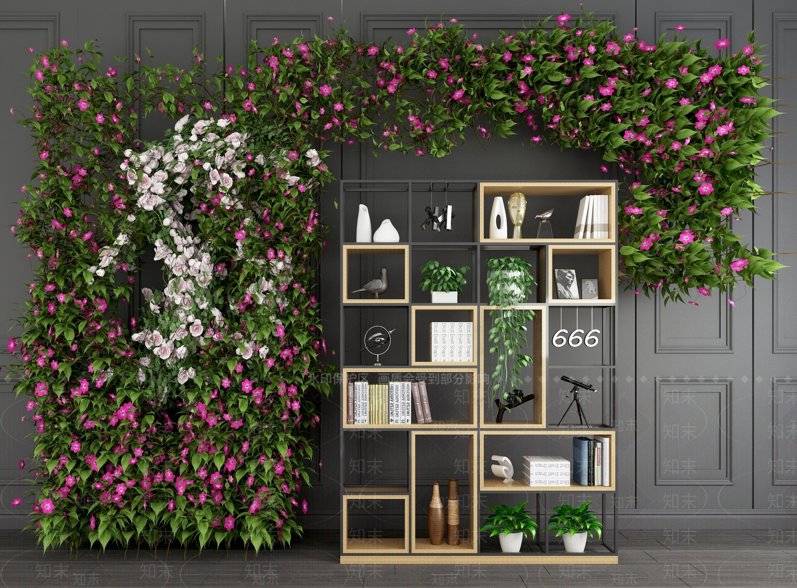 工业风现代绿植墙植物墙花艺墙装饰柜架组合3D模型下载【ID:440768289】