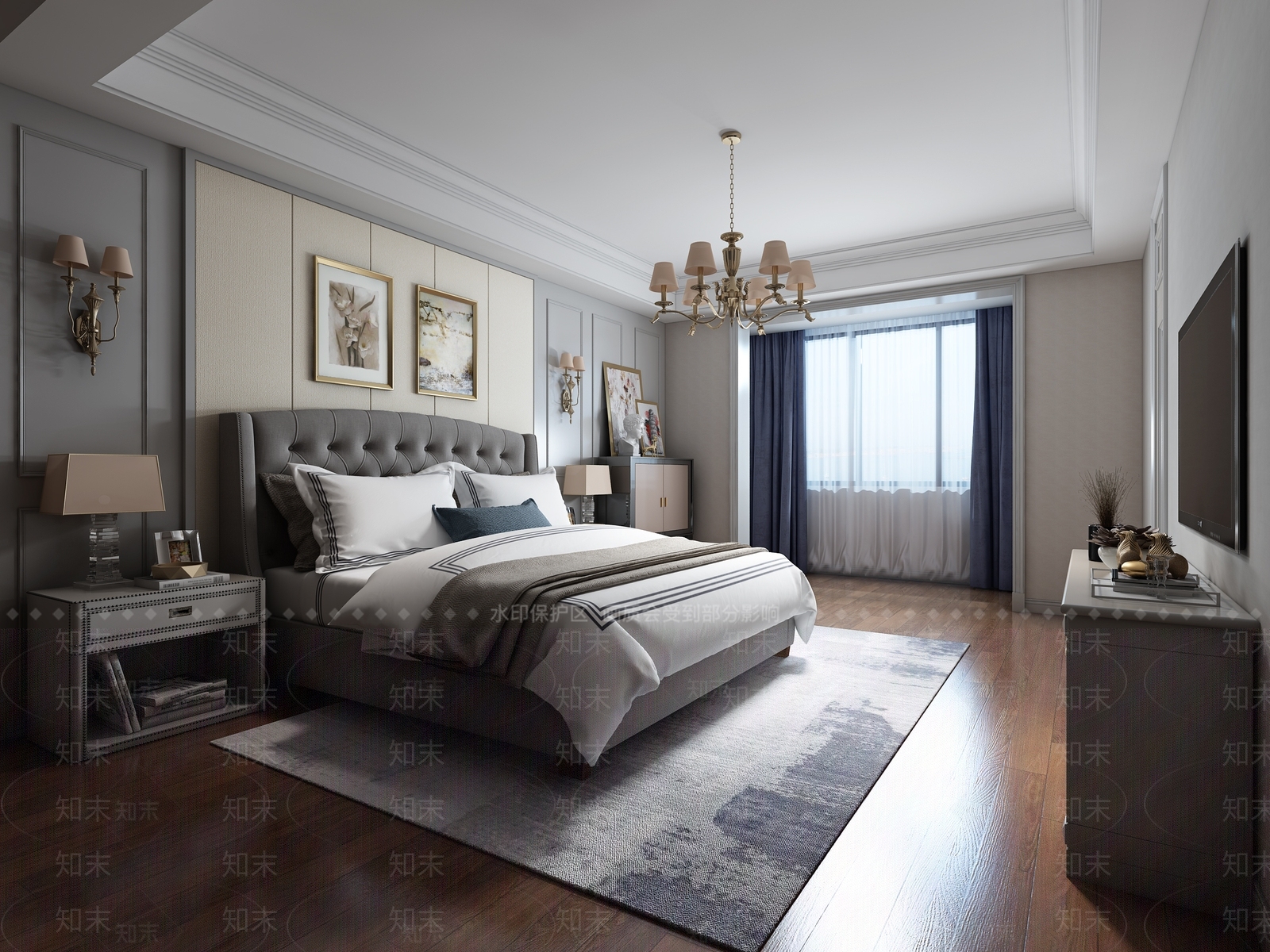 美式简欧美式主卧老人房挂画吊顶3D模型下载【ID:440775341】