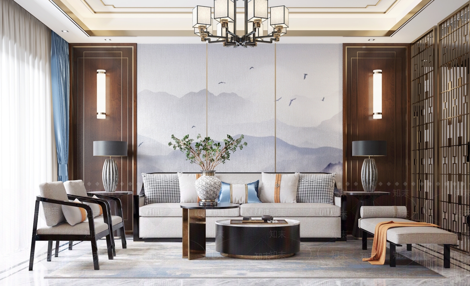 新中式客厅沙发茶几组合3D模型下载【ID:740775754】