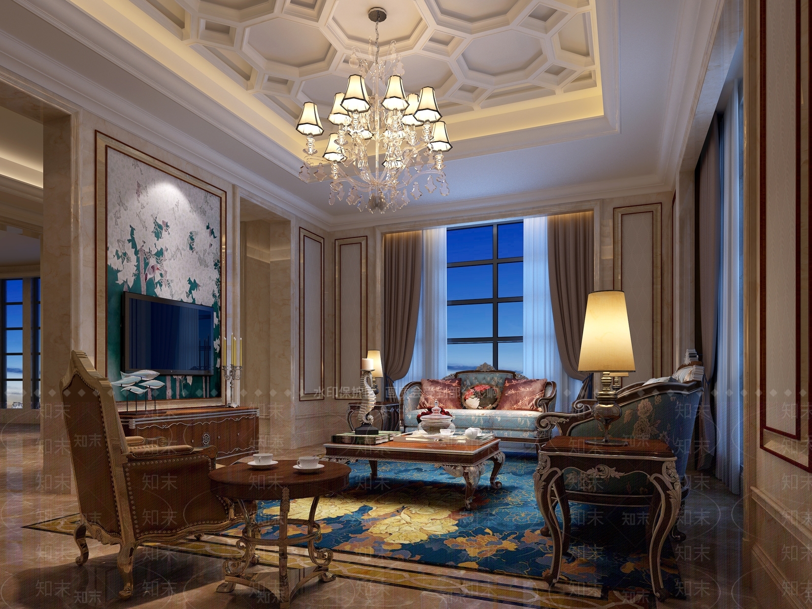 简欧别墅客厅效果图3D模型下载【ID:740777849】