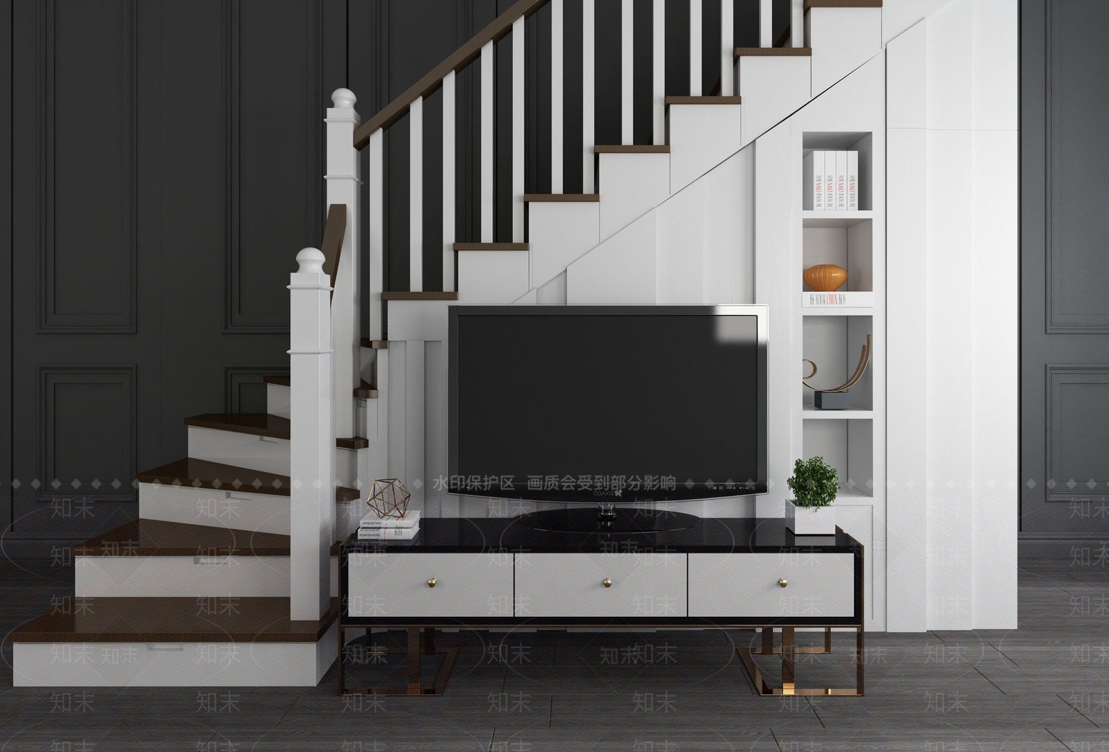 现代楼梯扶手栏杆电视柜储物柜组合3D模型下载【ID:940779011】