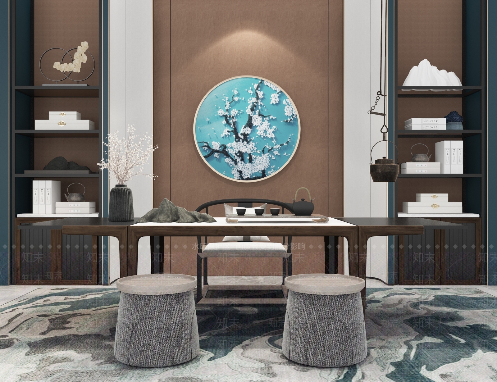 新中式书桌新中式椅子书柜3D模型下载【ID:340787758】