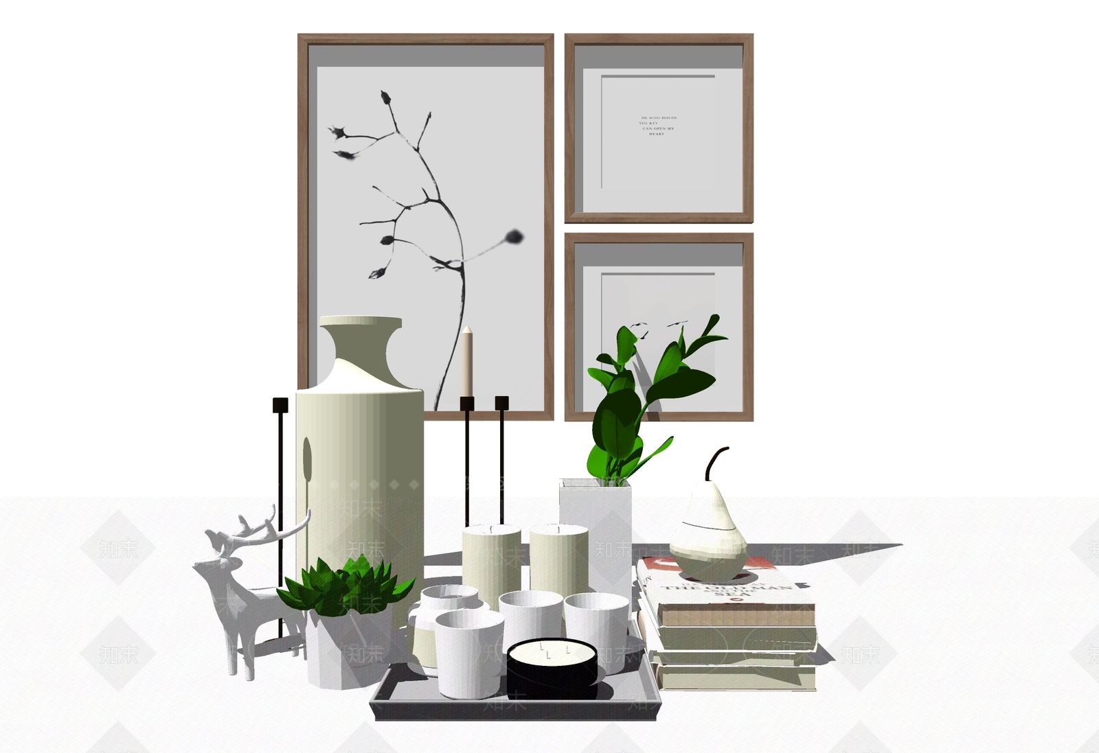 现代陶瓷花瓶盆栽烛台摆件组合SU模型下载【ID:940788660】