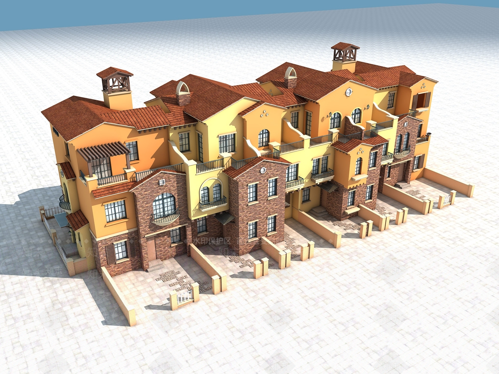 简欧欧式独栋联排别墅3D模型下载【ID:340794581】_知末3d模型网