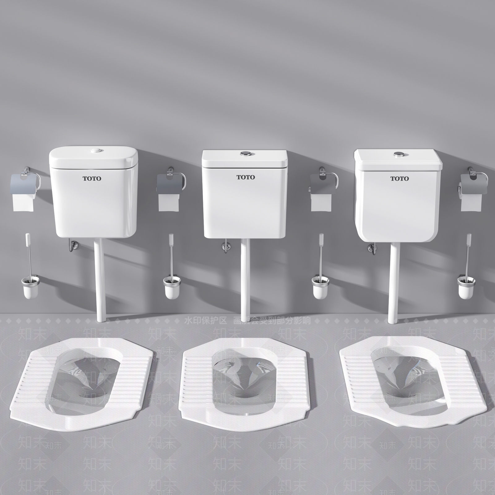 现代蹲便器冲水箱蹲厕纸巾架马桶擦组合下载3D模型下载【ID:140798933】