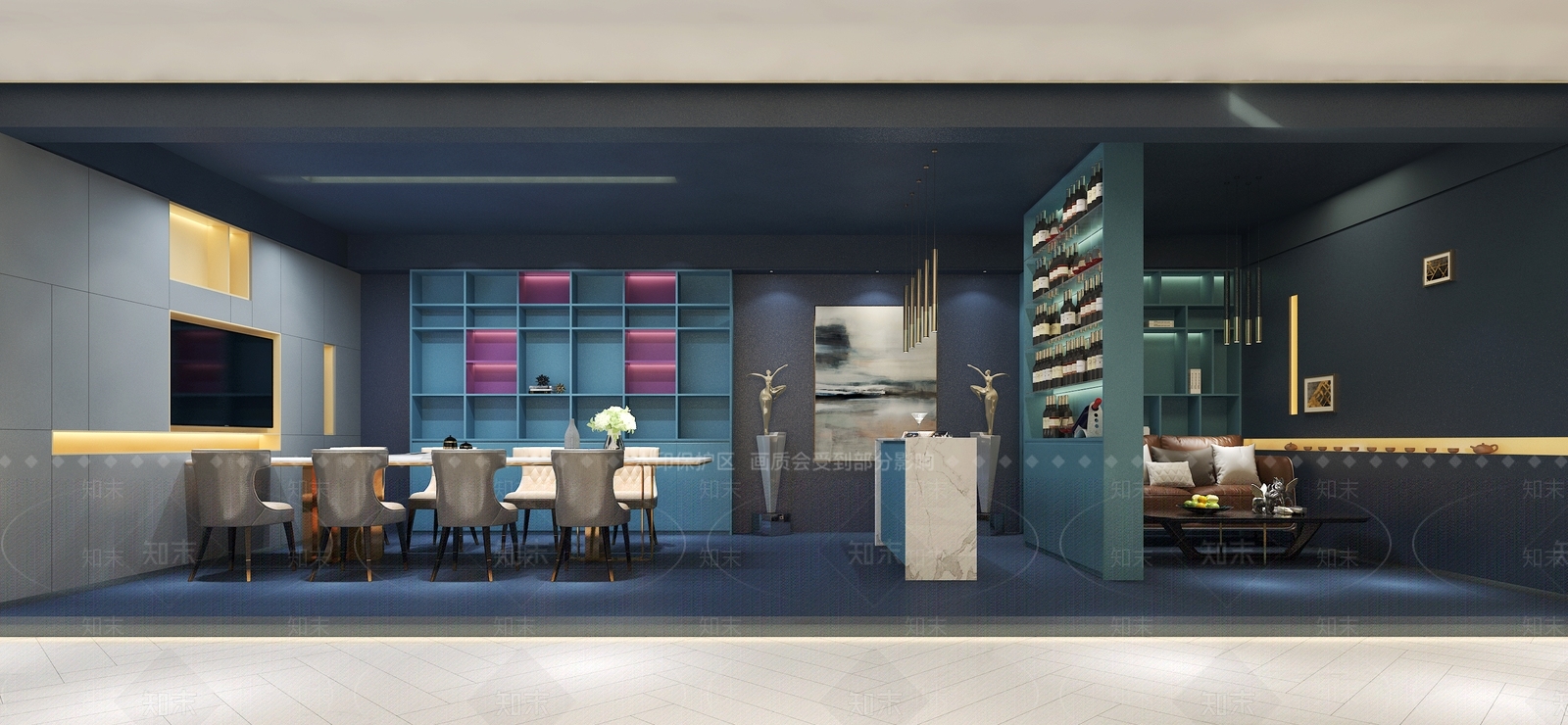 现代家具定制展厅茶桌椅组合书柜电视柜沙发茶几椅子组合楼梯3D模型下载【ID:740802349】