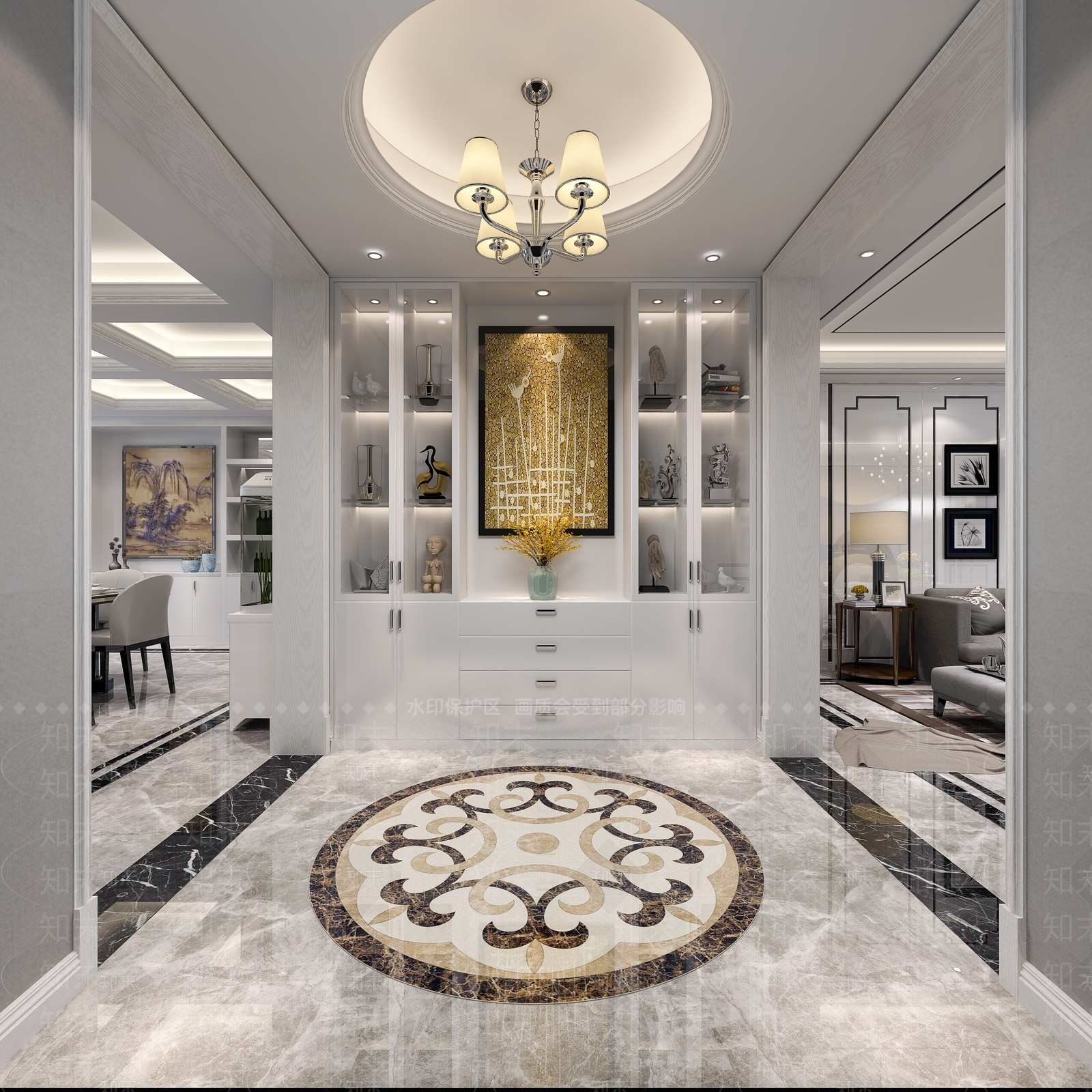 现代玄关吊灯书柜拼花3D模型下载【ID:240812782】