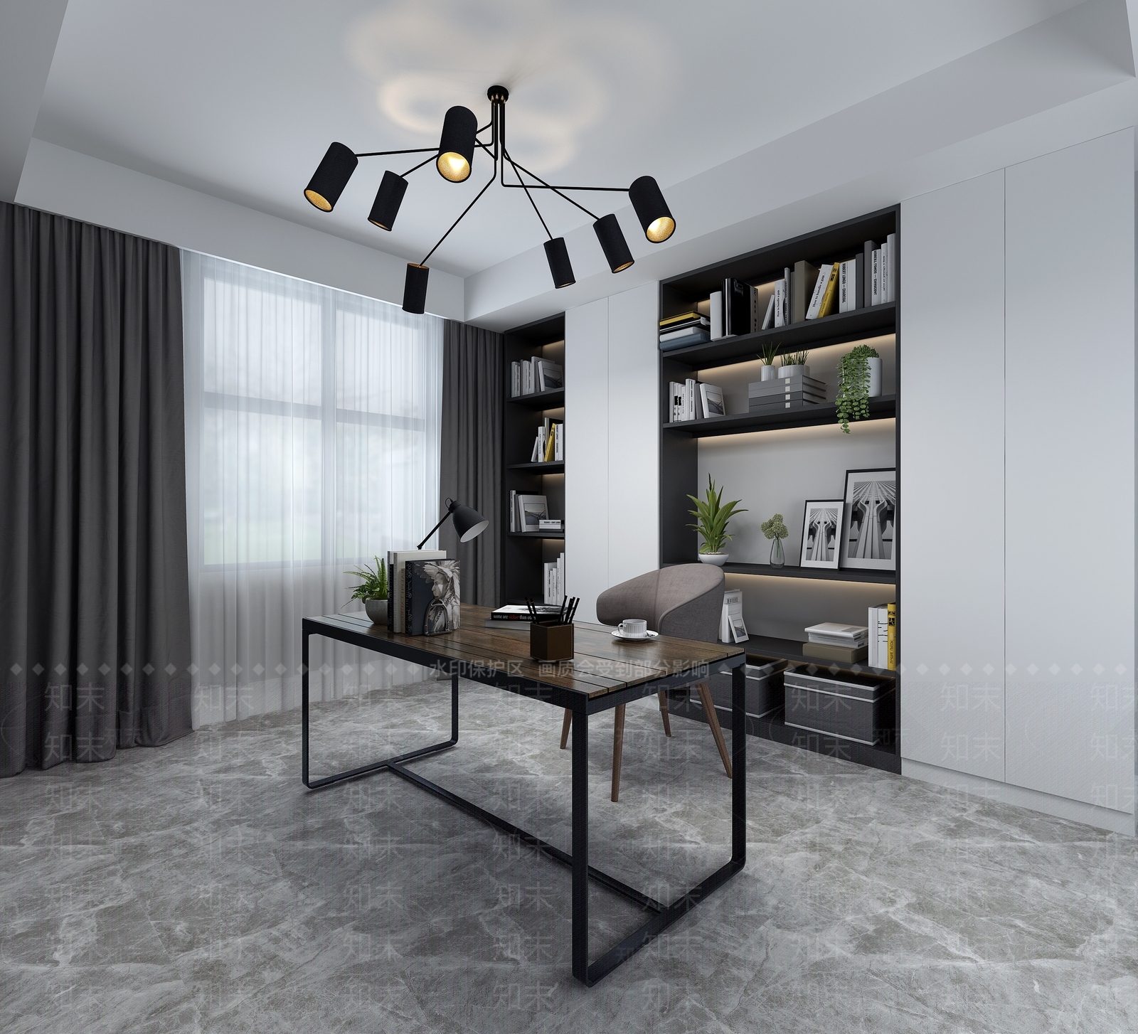北欧现代书房吊灯书桌书柜3D模型下载【ID:540812691】
