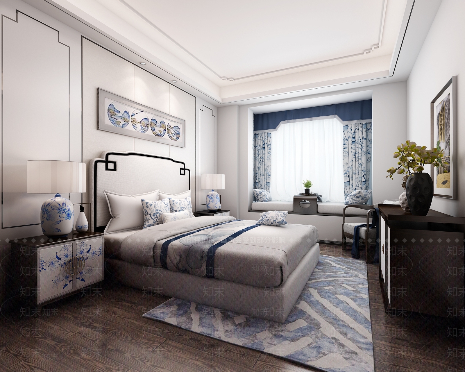 新中式床具窗帘3D模型下载【ID:440815352】