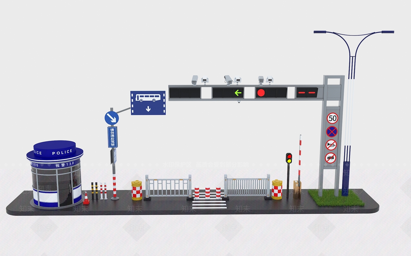 现代交通灯指示牌交通岗路障栏杆3D模型下载【ID:940825275】