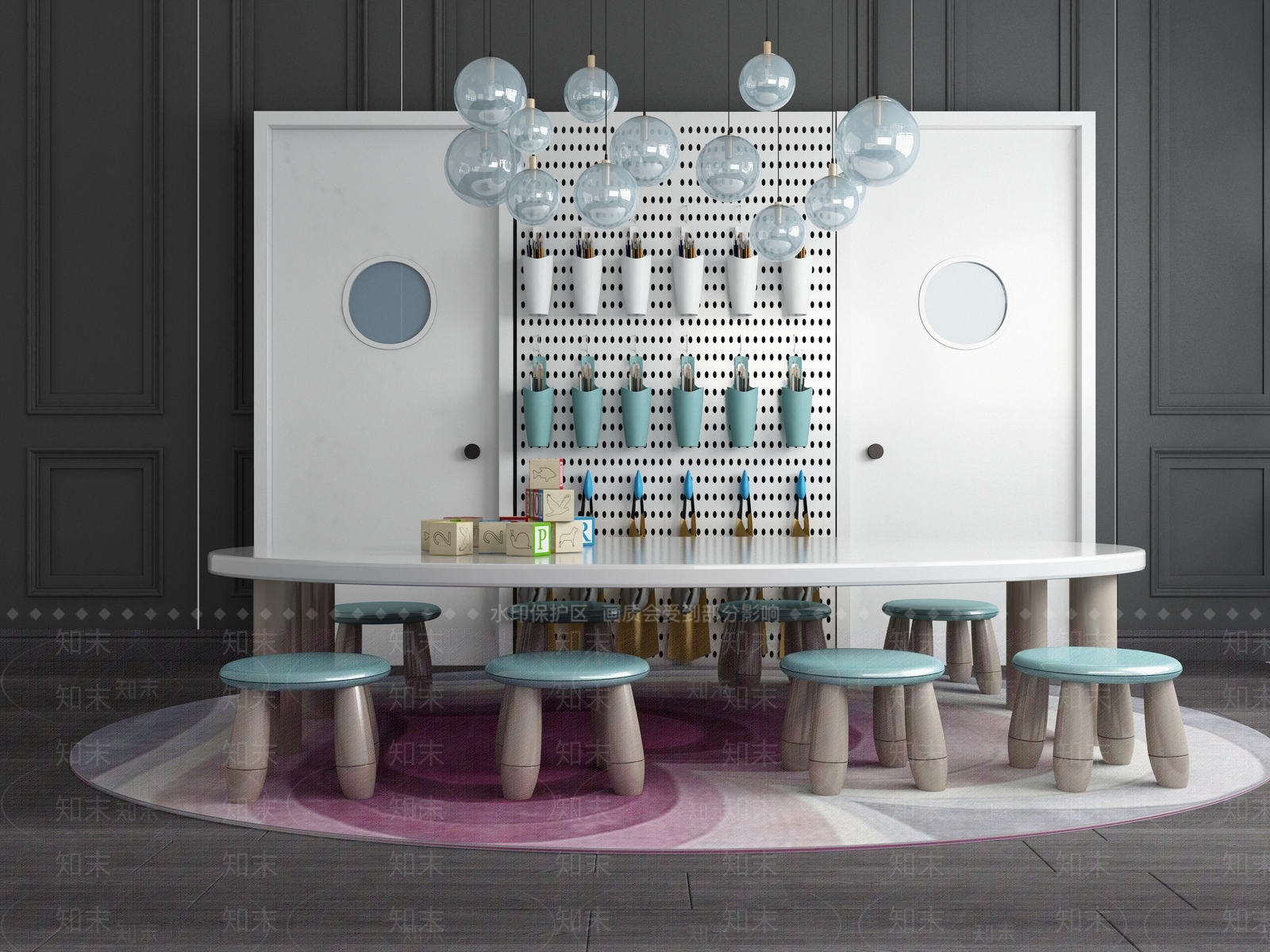 现代儿童餐厅餐桌椅餐具柜玻璃吊灯玩具积木桌椅儿童餐具3D模型下载【ID:740832005】