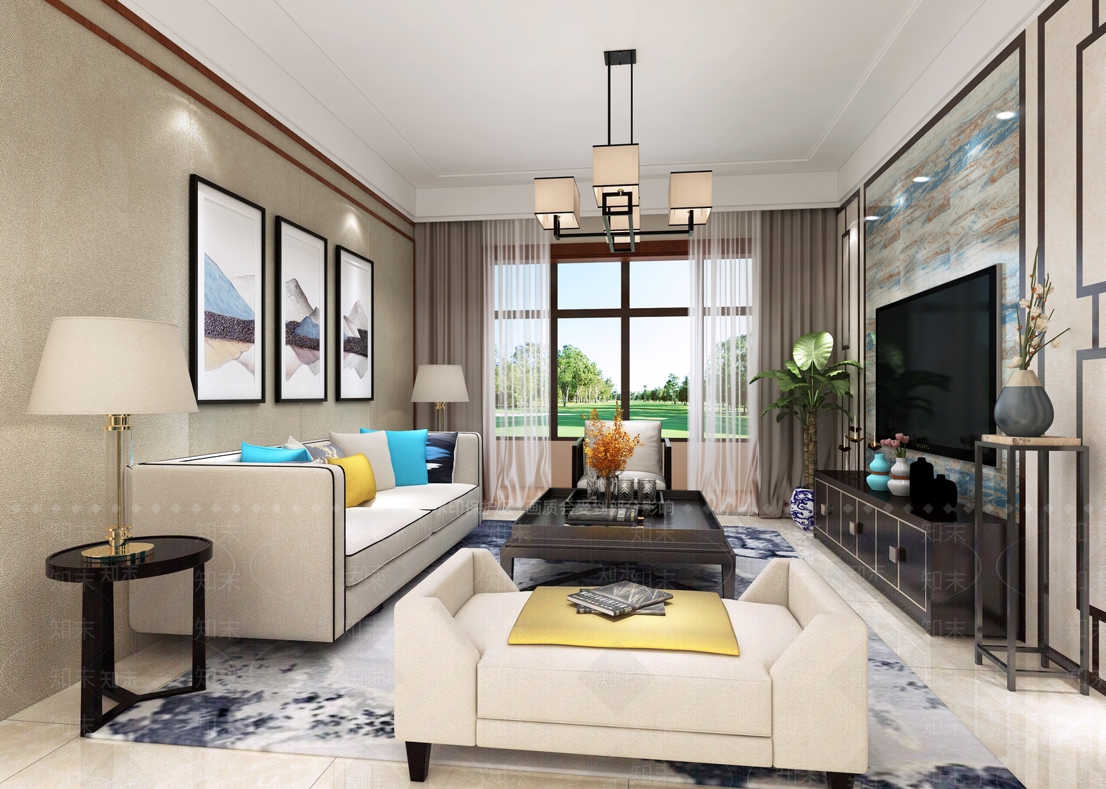 新中式客厅绿植窗帘3D模型下载【ID:740832789】