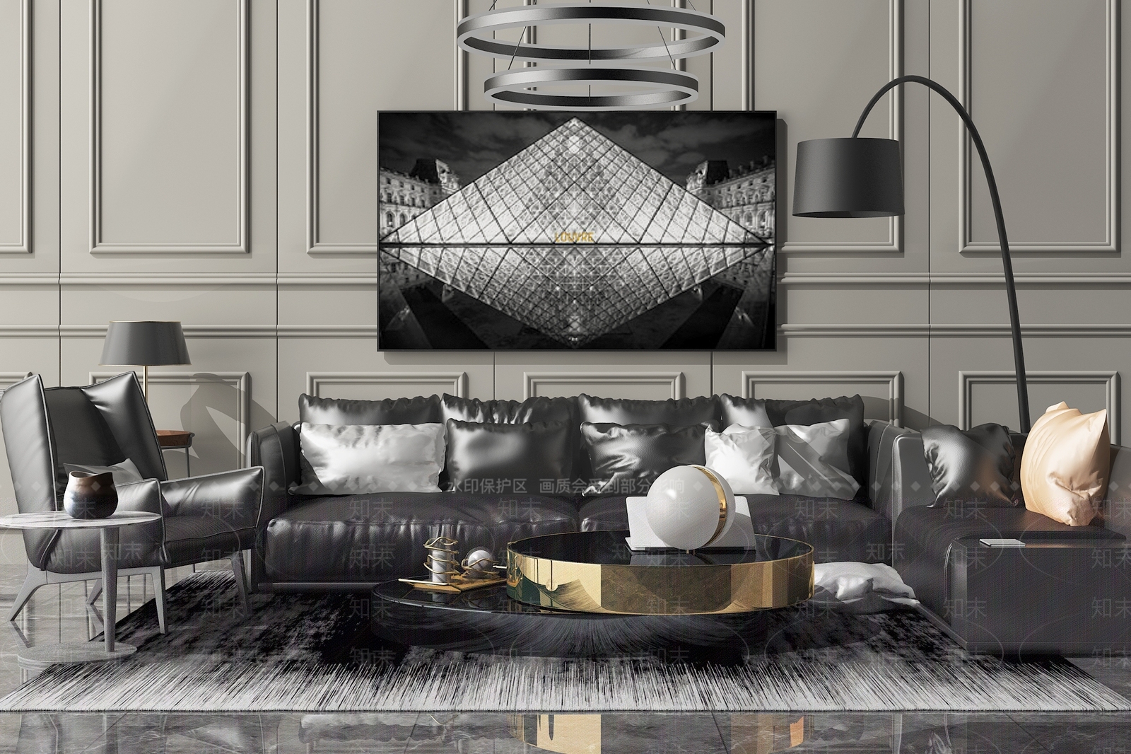 美式现代北欧真皮沙发茶几3D模型下载【ID:340833366】