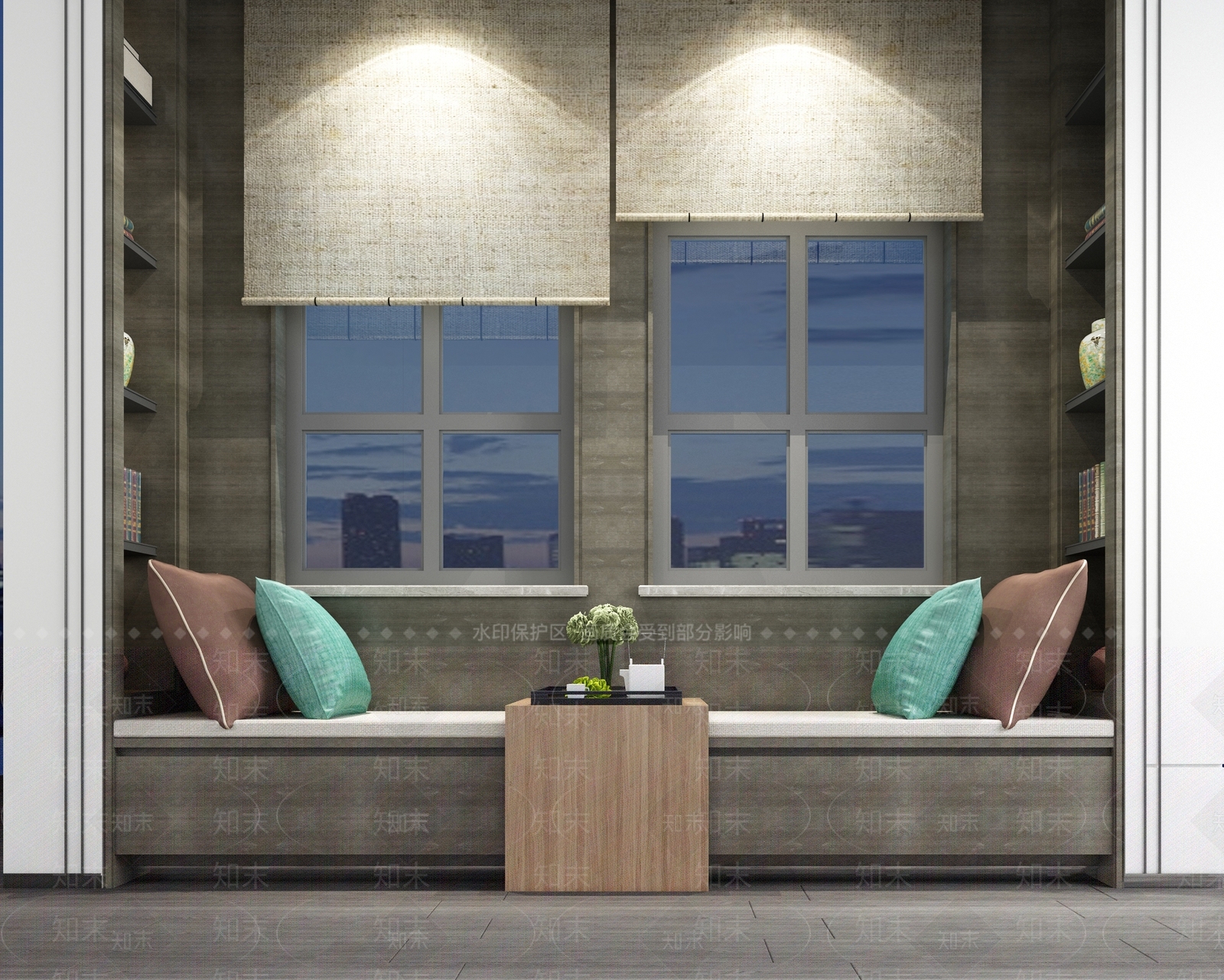 新中式飘窗飘窗柜飘窗窗帘组合3D模型下载【ID:140833976】