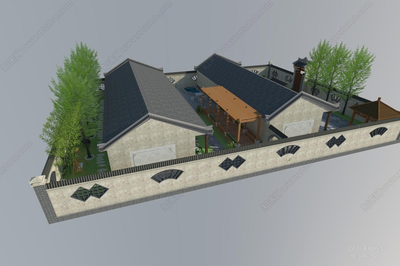 中式庭院住宅SU模型下载【ID:340839277】