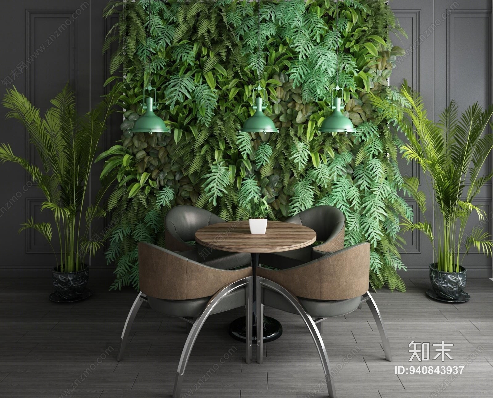 工业风现代植物墙工业风桌椅吊灯植物盆栽组合3d模型 Id 知末3d模型网