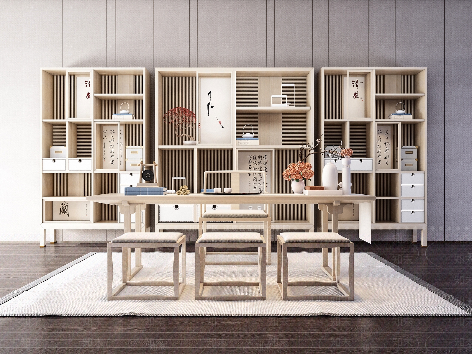 新中式书房书柜书桌组合3D模型下载【ID:540855651】