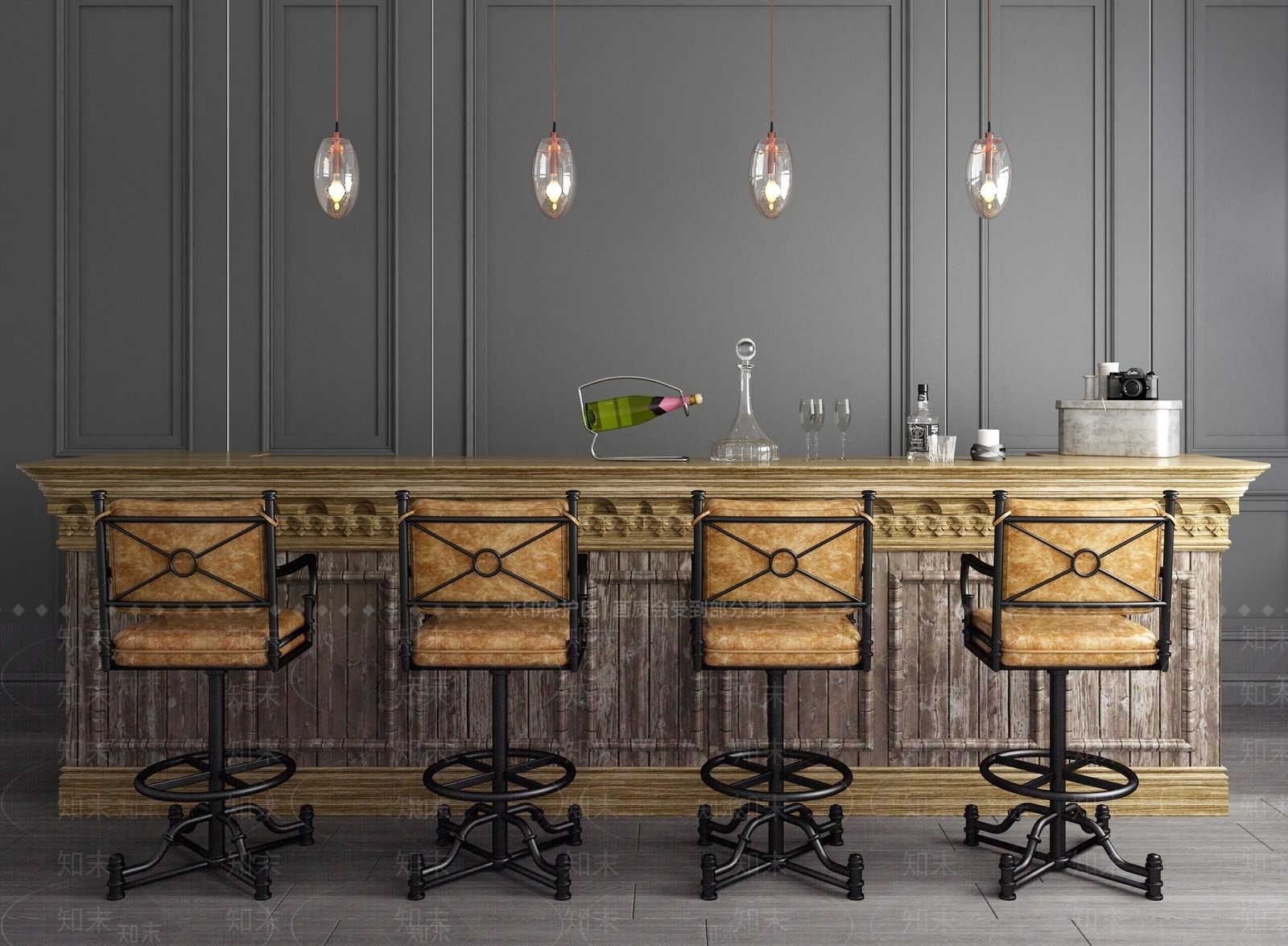 美式酒吧台高脚凳组合3D模型下载【ID:440858446】