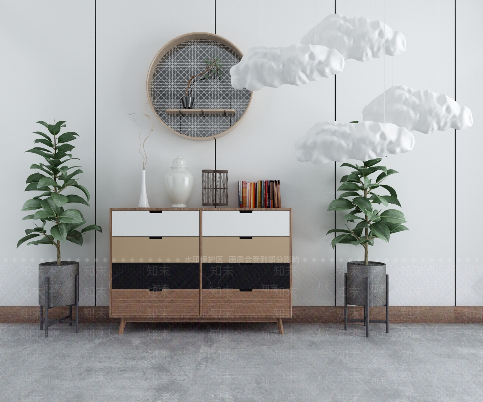 中式北欧端景柜装饰柜绿植新中式摆件祥云吊灯3D模型下载【ID:940858280】