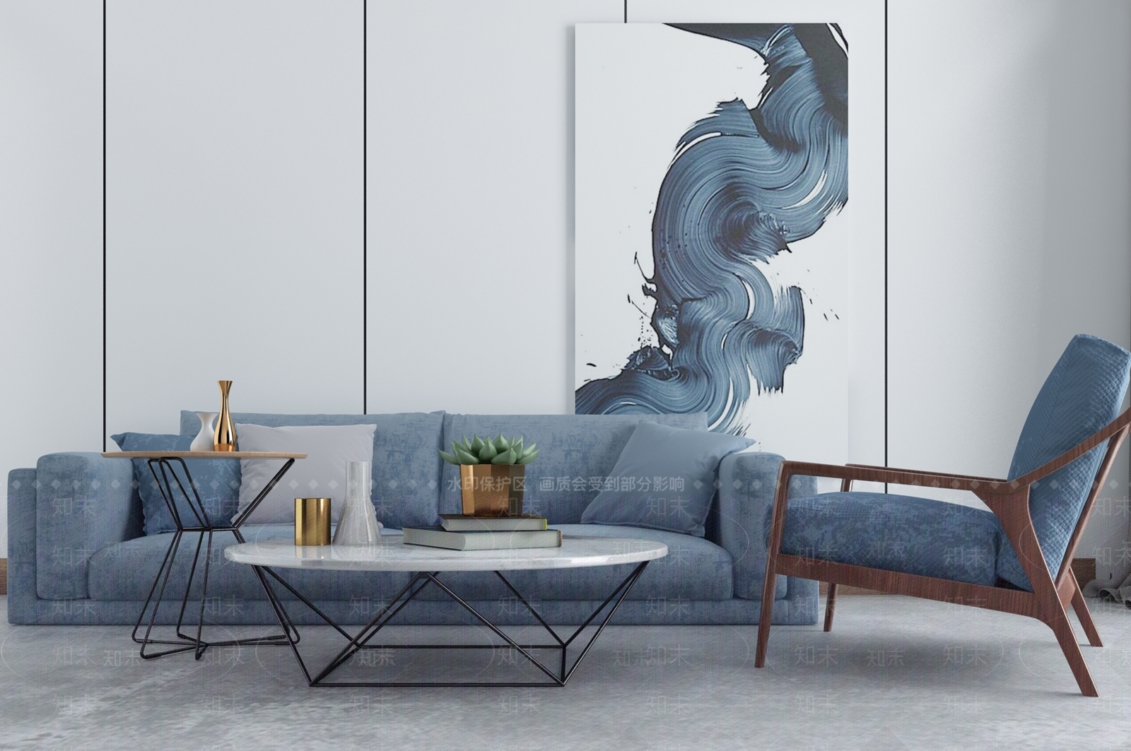 中式现代沙发茶几抽象画实木椅子3D模型下载【ID:140858083】