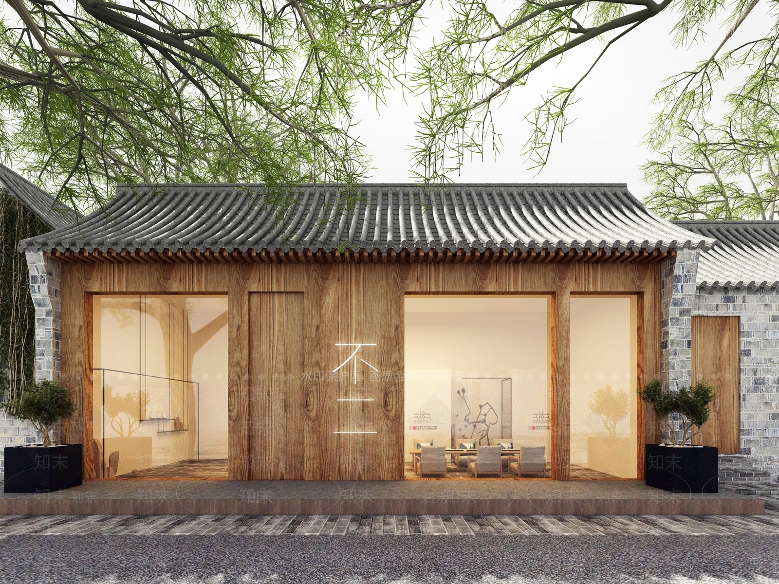 新中式茶室门头青砖绿植树瓦3D模型下载【ID:340859753】