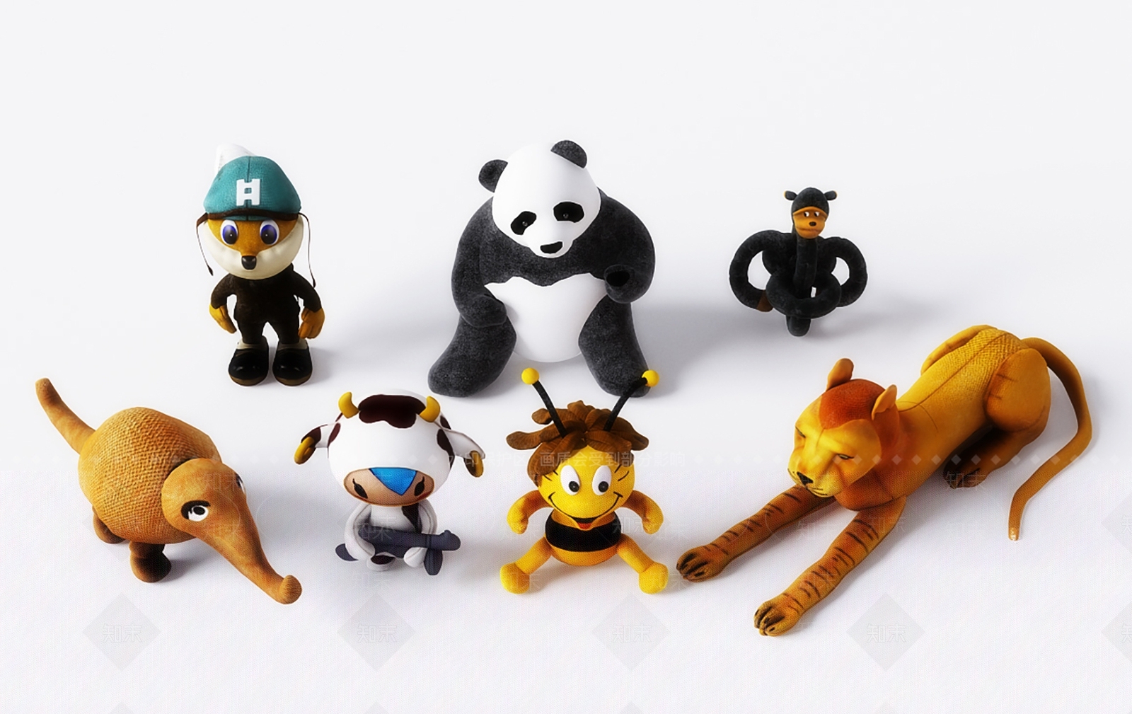 现代卡通动物玩偶布娃娃公仔组合3D模型下载【ID:540909317】