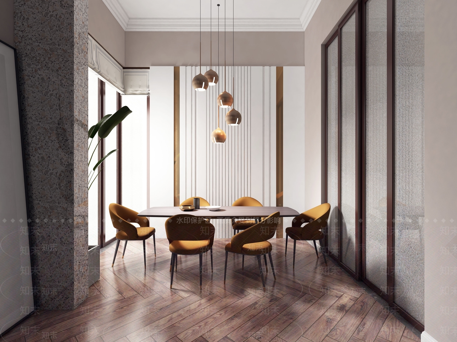 现代餐厅绿植餐桌椅吊灯推拉门卷帘3D模型下载【ID:840924592】