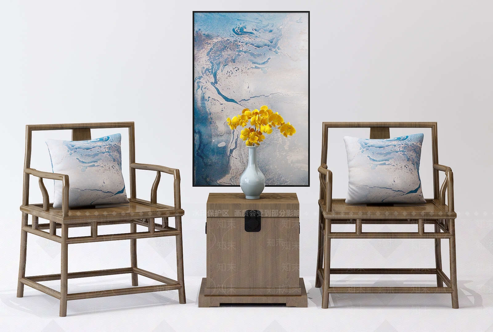 中式家具木椅挂画3D模型下载【ID:340932466】