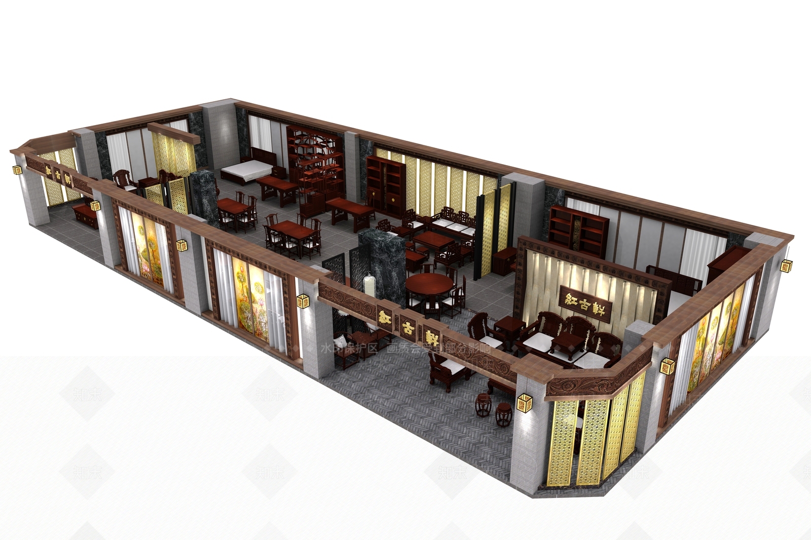 新中式红古轩红木家具专卖店展厅3D模型下载【ID:640937216】