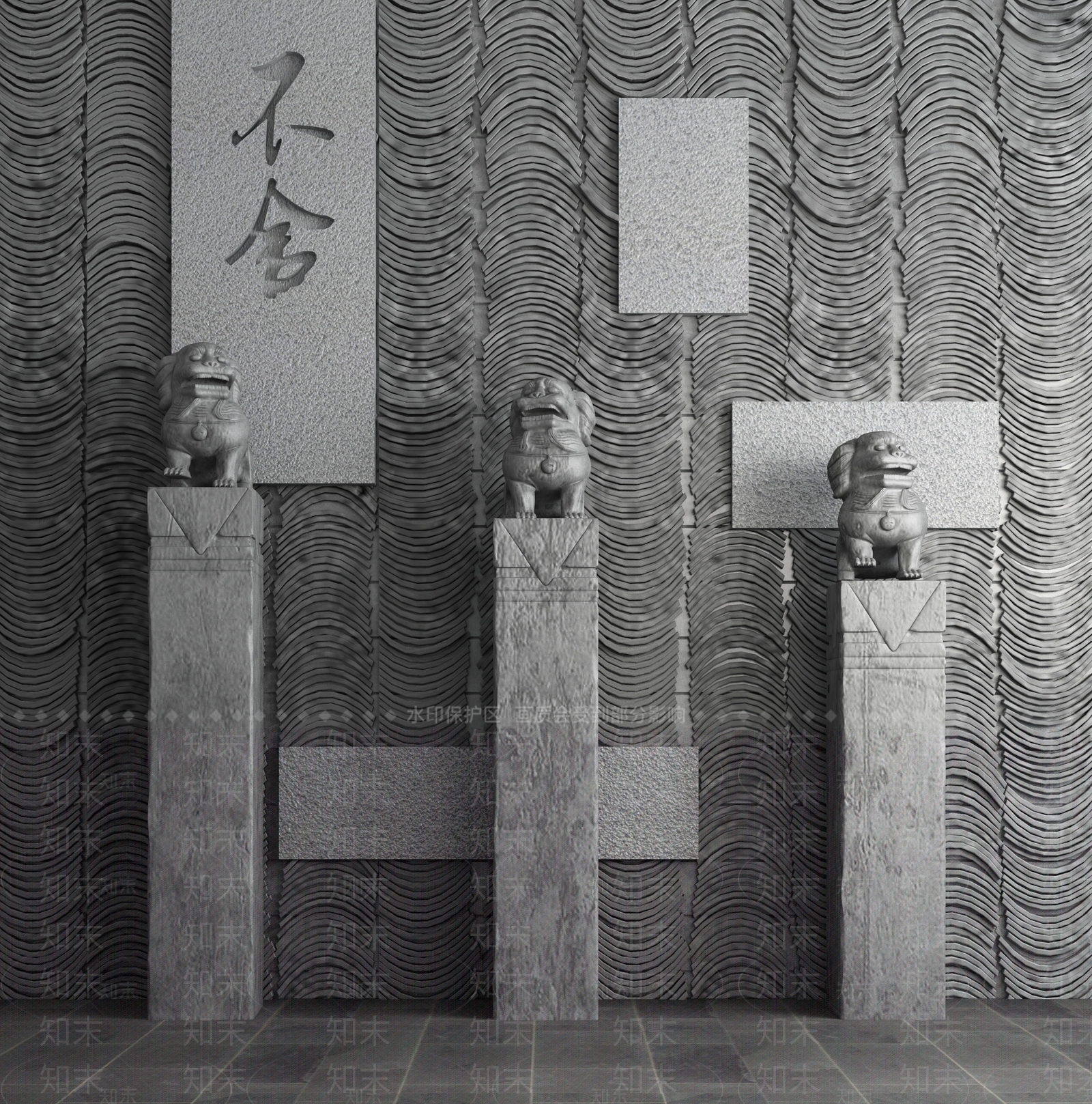 中式瓦片背景墙园艺石雕小品3D模型下载【ID:140939145】