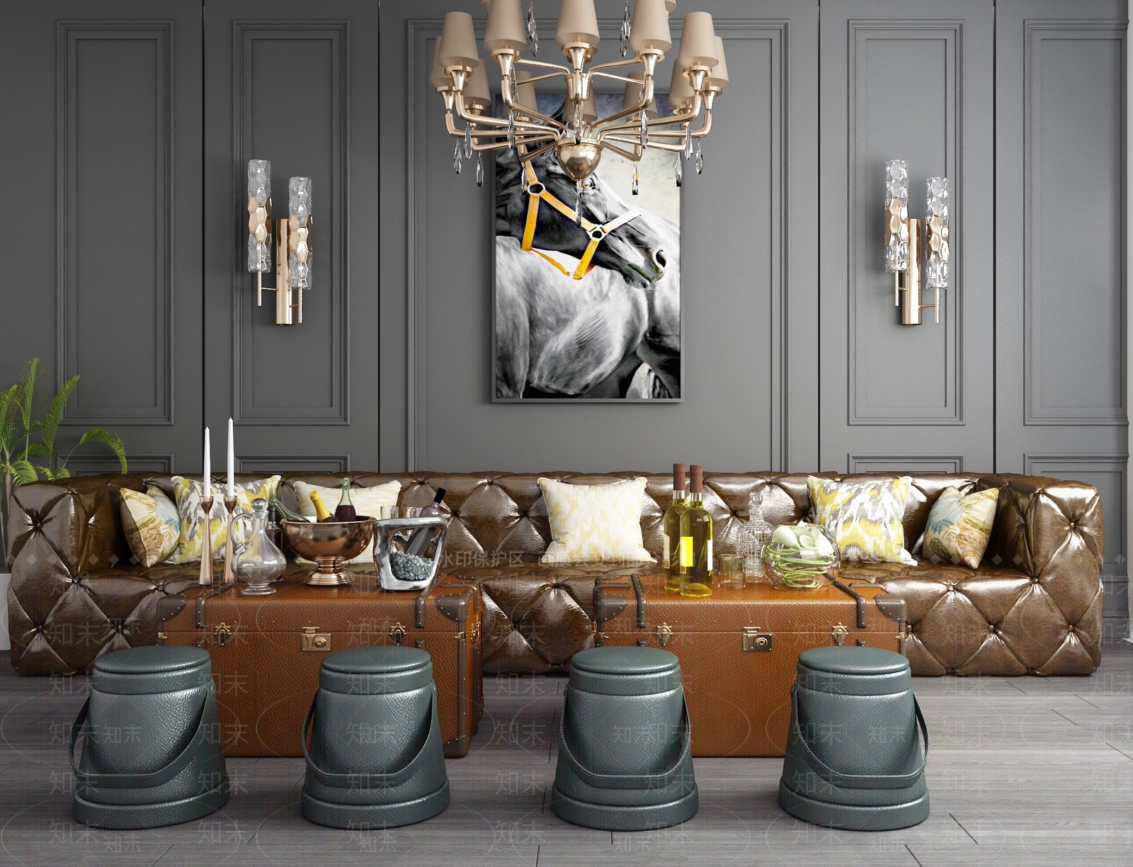 美式KTV沙发皮革3D模型下载【ID:740940079】