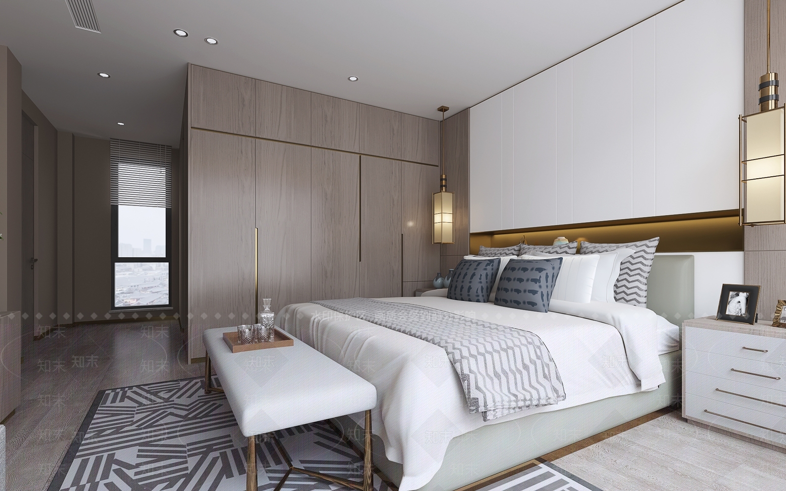 现代简约卧室吊灯床尾踏3D模型下载【ID:440941375】