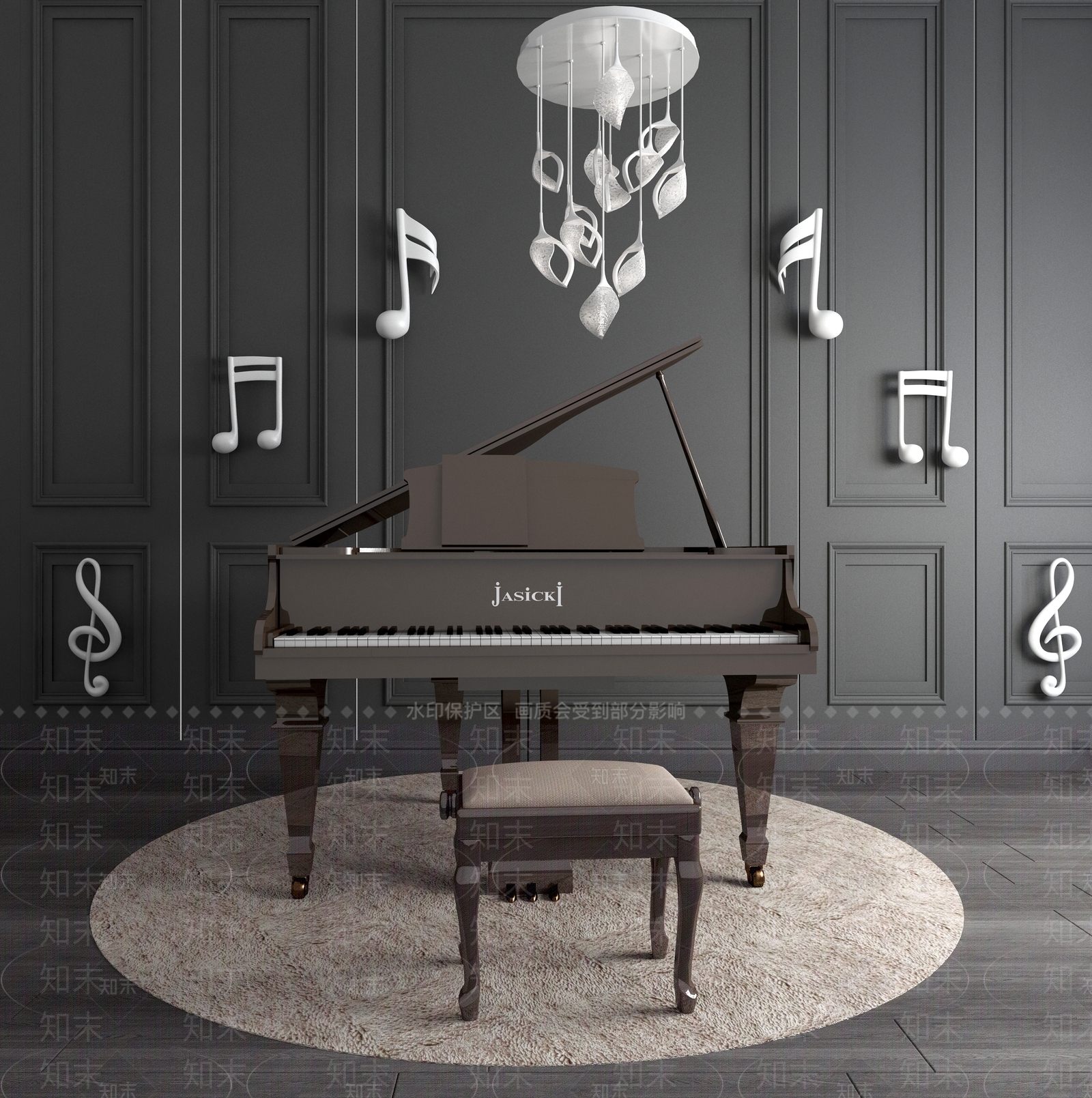 现代钢琴音符摆件吊灯组合3D模型下载【ID:940943944】