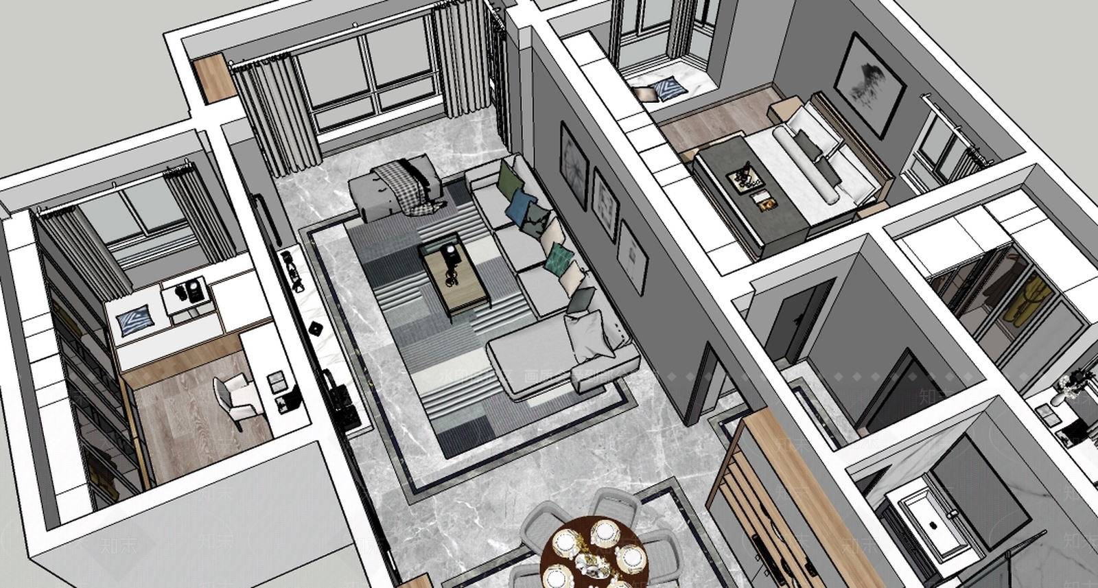 现代风格室内空间设计一层模型SU模型下载【ID:140960088】