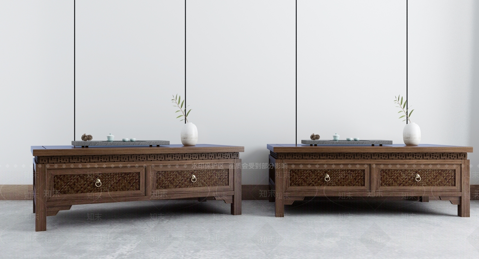 中式实木茶几沙发组合3D模型下载【ID:140967661】