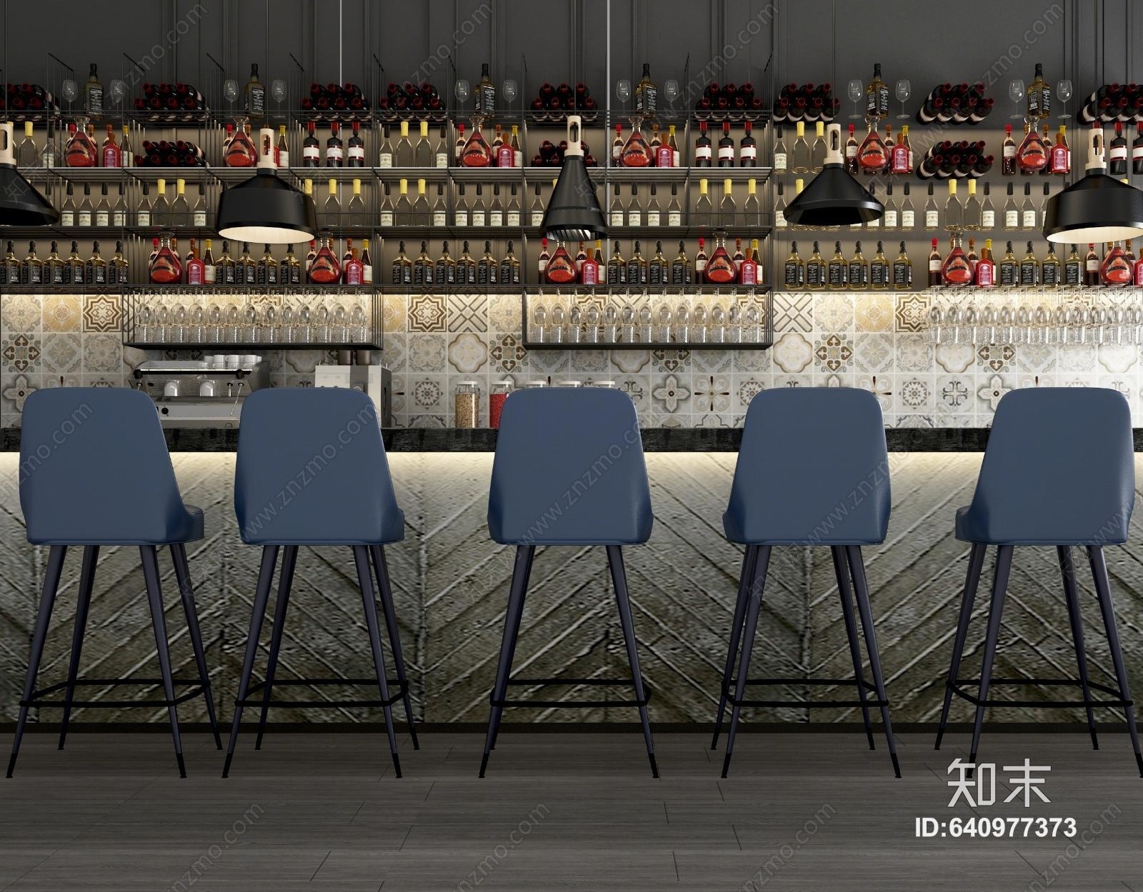 工业风吧台吧椅酒柜酒架组合3D模型下载【ID:640977373】