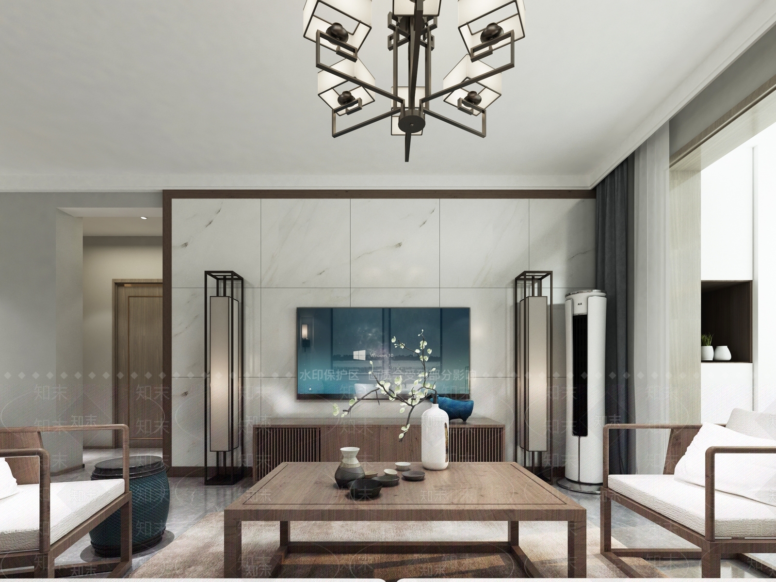 新中式现代客餐厅电视墙沙发墙3D模型下载【ID:740980732】