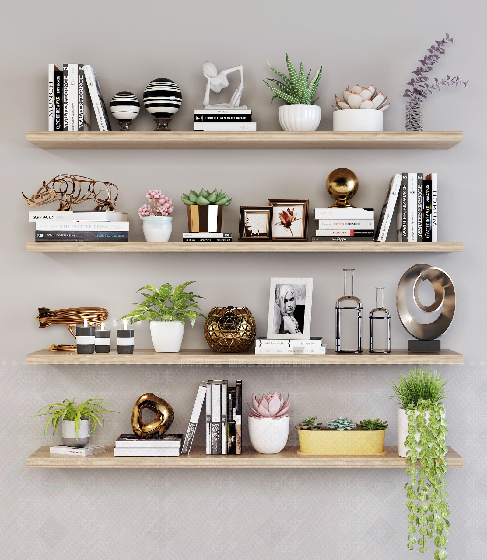 现代书架书籍植物盆栽装饰品摆件组合3D模型下载【ID:640983594】