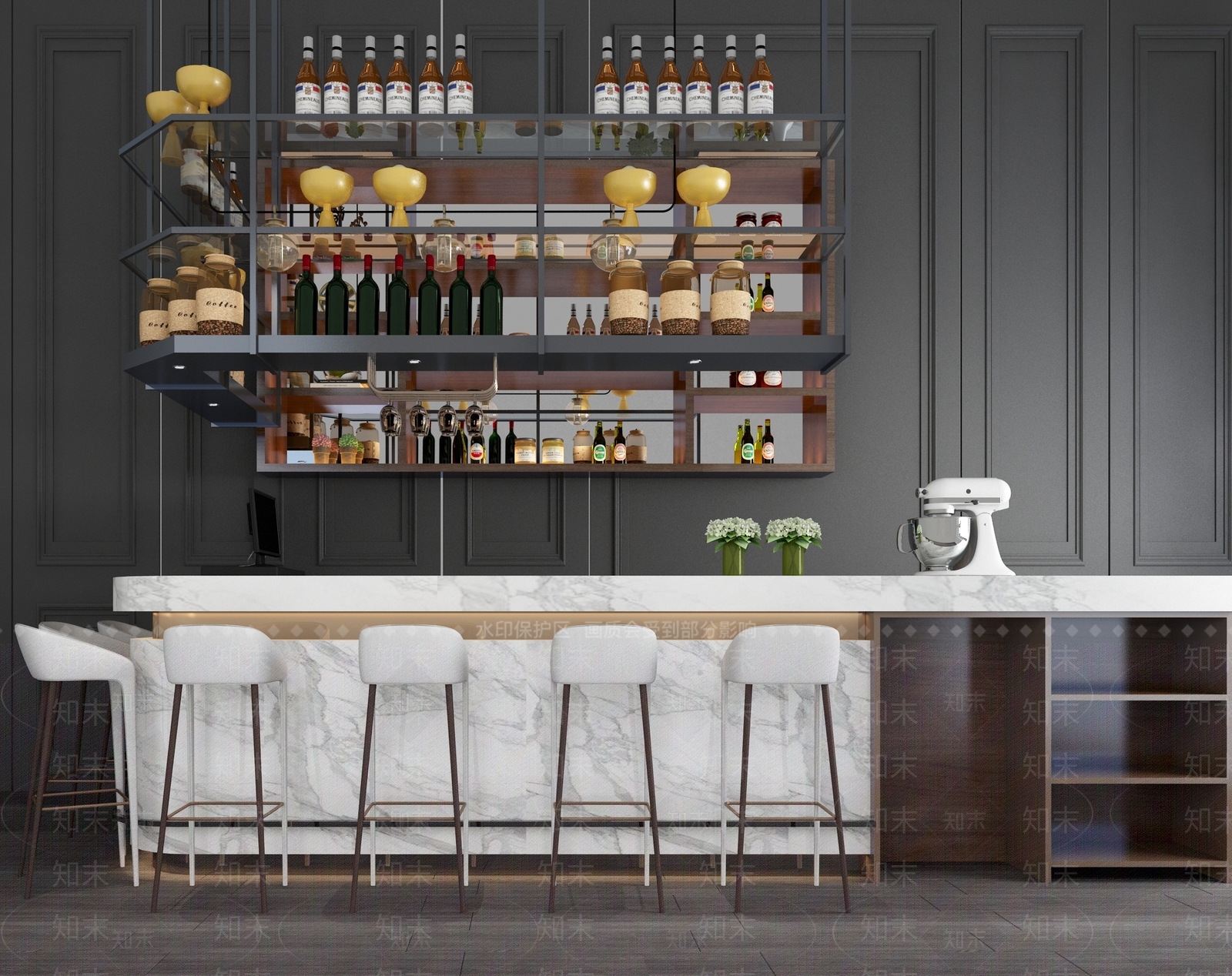 现代吧台吧椅酒架组合3D模型下载【ID:640984306】