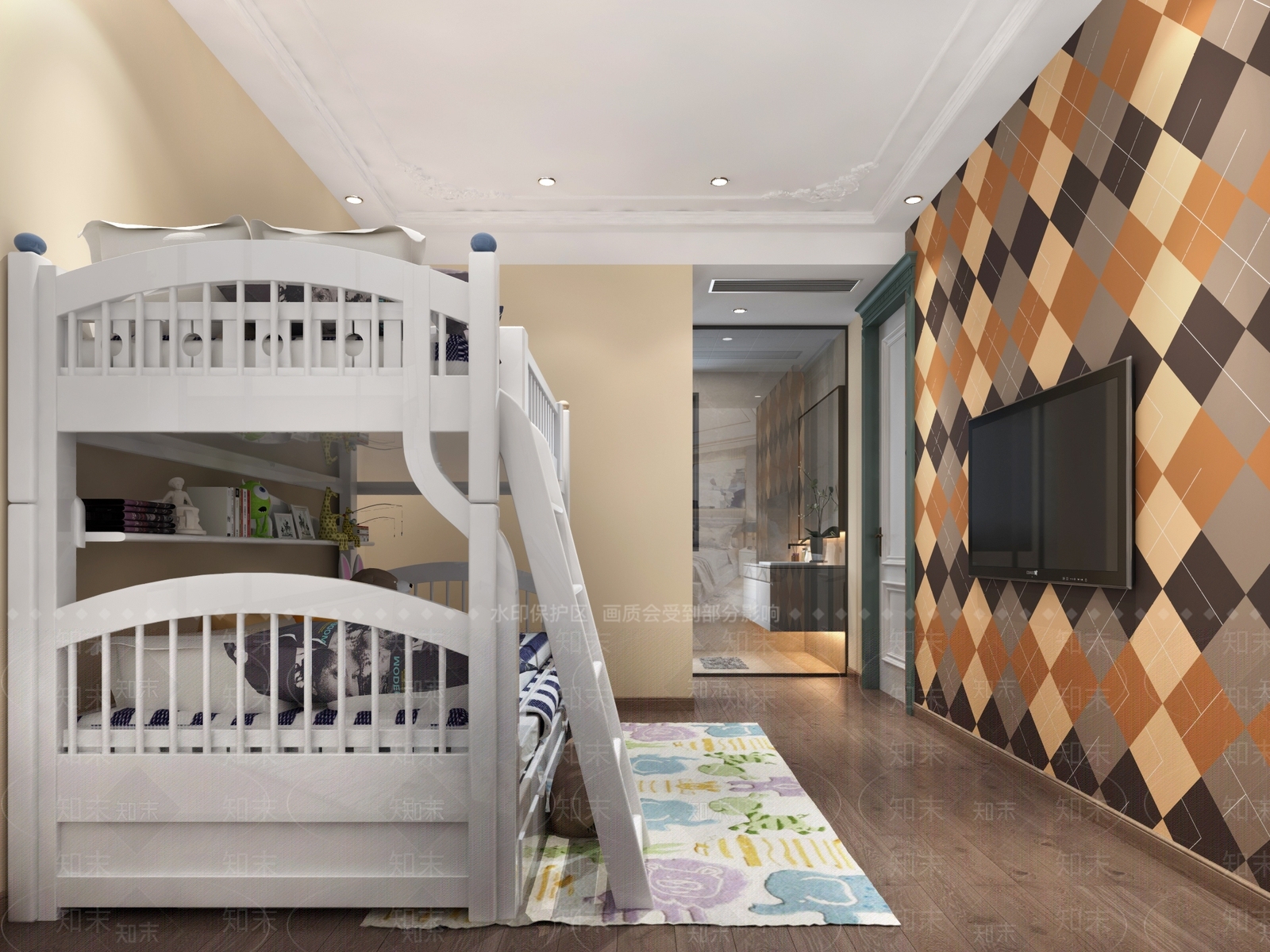 现代儿童房高低床3D模型下载【ID:141025237】