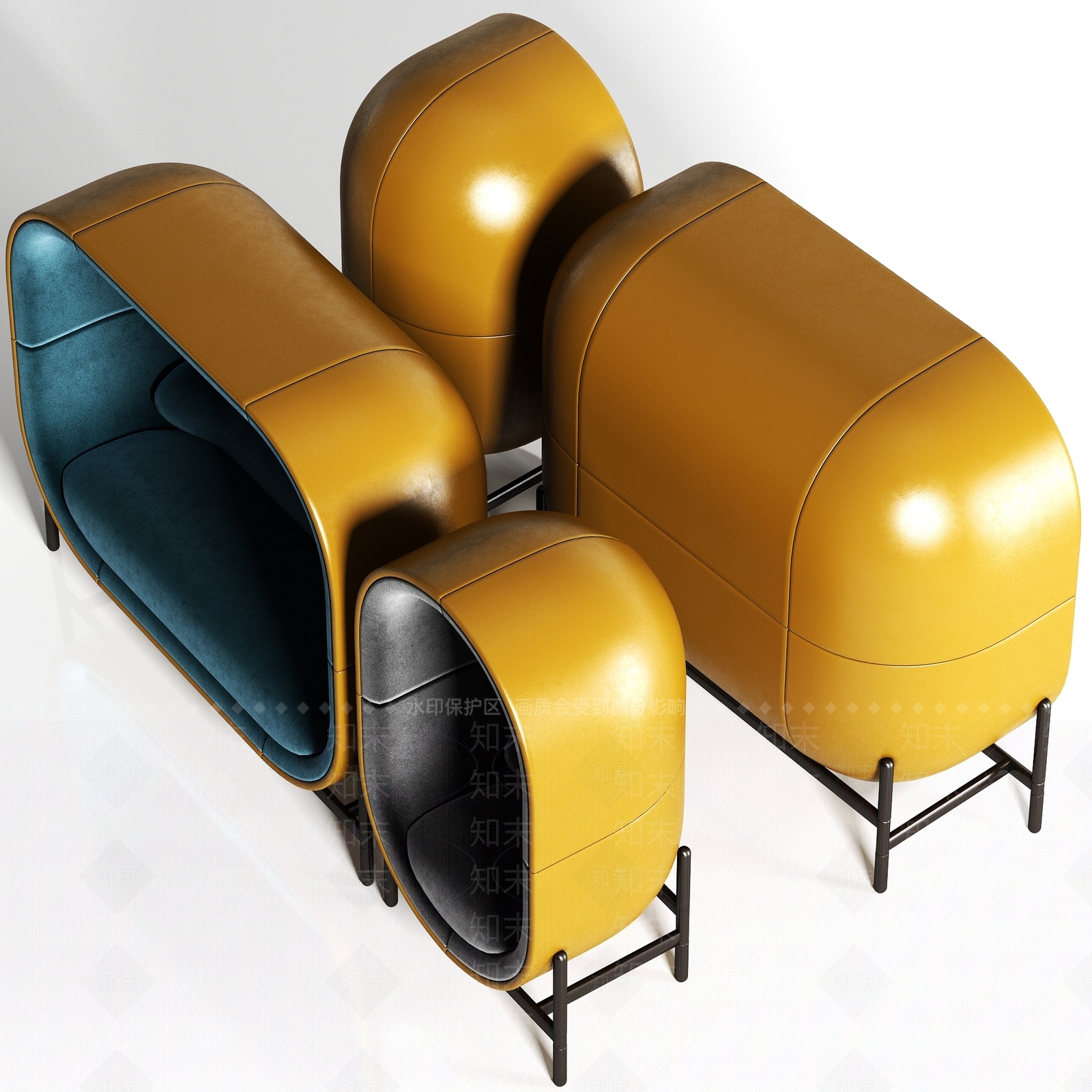 现代皮革绒布单双人3D模型下载【ID:141025166】