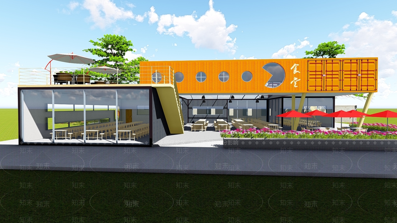 工业集装箱建筑食堂SU模型下载【ID:941206174】