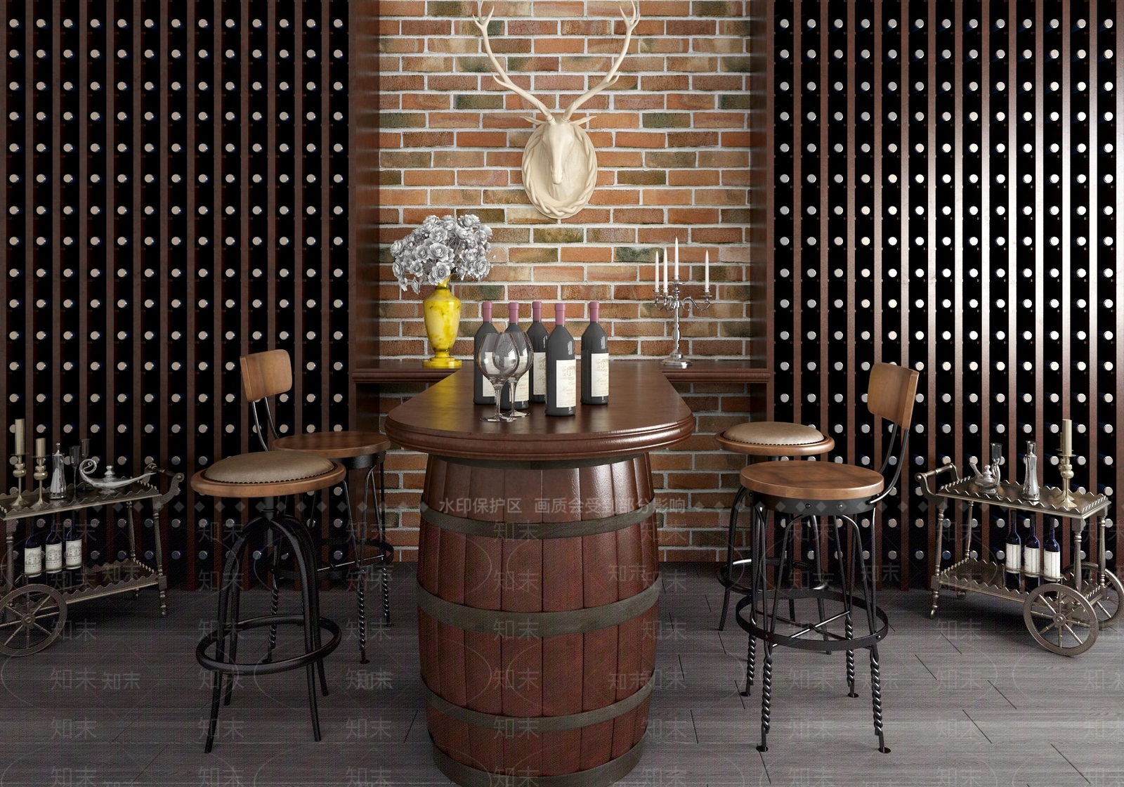 新中式吧台椅子酒柜组合3D模型下载【ID:641219332】