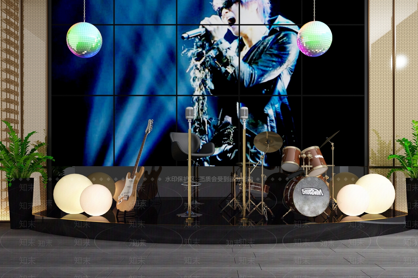 现代音乐台酒吧舞台架子鼓吉他麦克风组合3D模型下载【ID:241240626】
