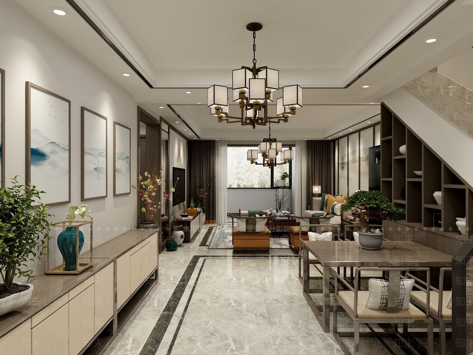 新中式二层别墅客厅3D模型下载【ID:741297881】