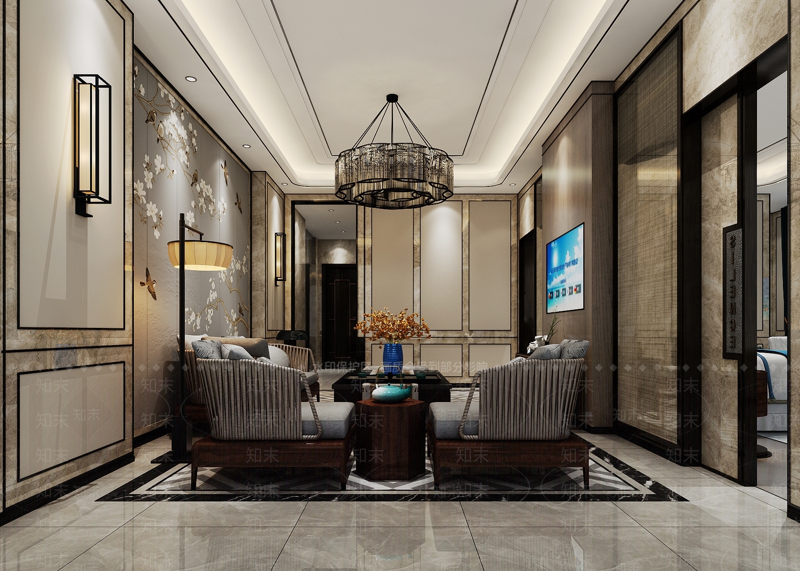 新中式客厅空间3D模型下载【ID:741304777】