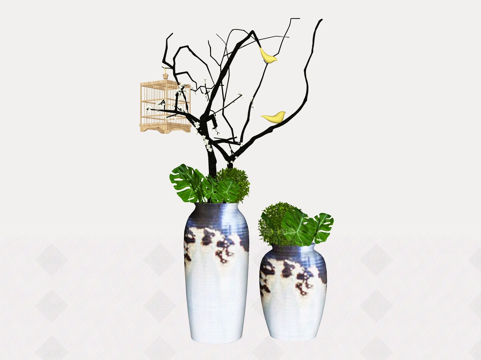 花瓶插花绿植鸟笼摆件组合SU模型下载【ID:941312664】