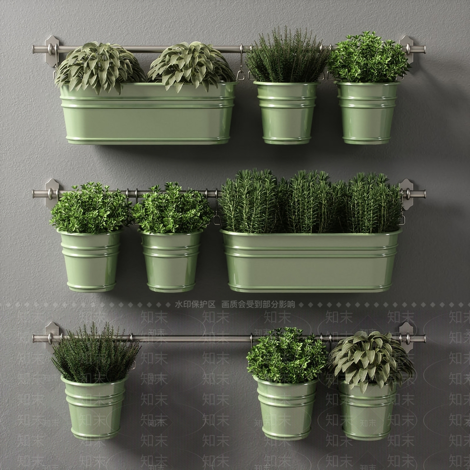 现代铁皮花盆吊篮盆栽3D模型下载【ID:241312691】